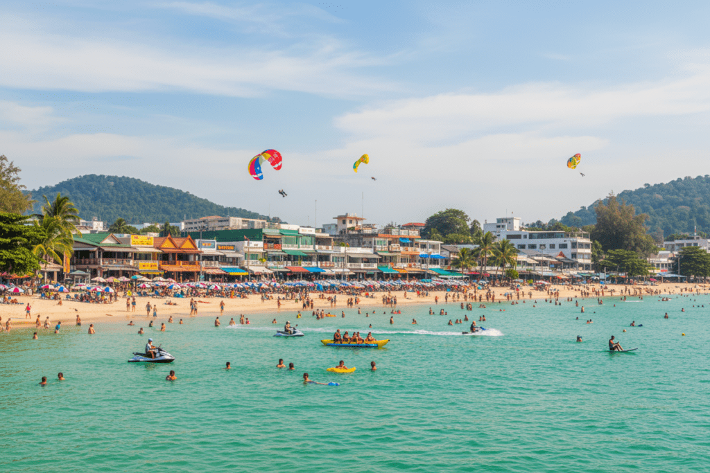 Lively scene of Patong Beach filled with activities