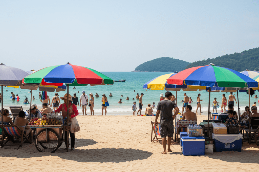 Local beach vendors at Patong Beach with colorful umbrellas and lively atmosphere