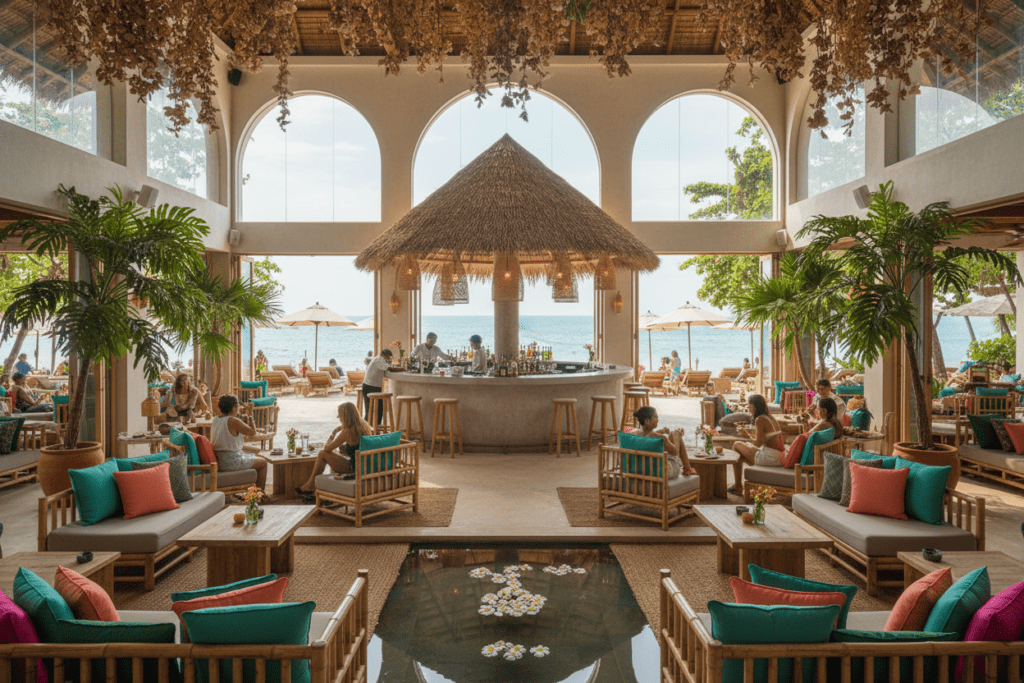 Interior view of a buzzing beach club in Phuket showcasing tropical decor and ambiance