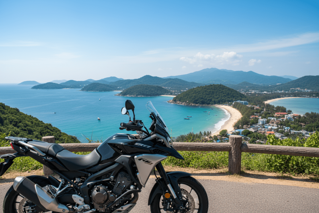 Breathtaking Views of Phuket Beaches Motorbike parked at a viewpoint overlooking Phuket beaches.