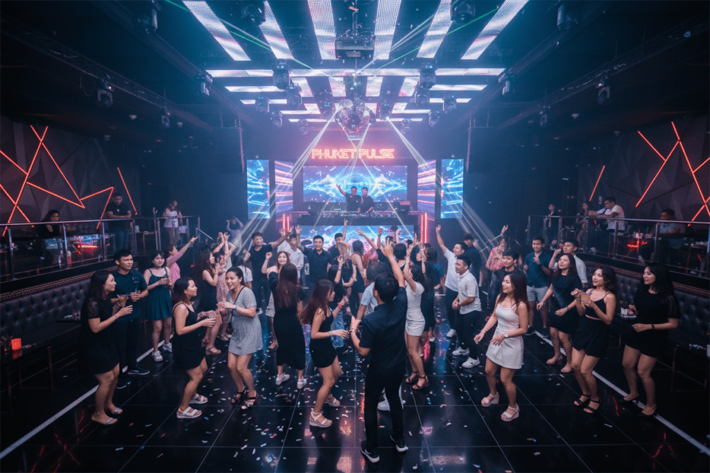 Inside a chic nightclub in Phuket with energetic dance floor.
