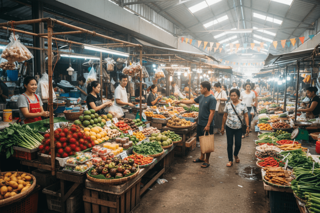 Local Thai market in Phuket full of fresh produce and street food.