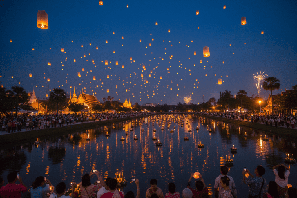 Loy Krathong festival in Phuket with illuminated lanterns