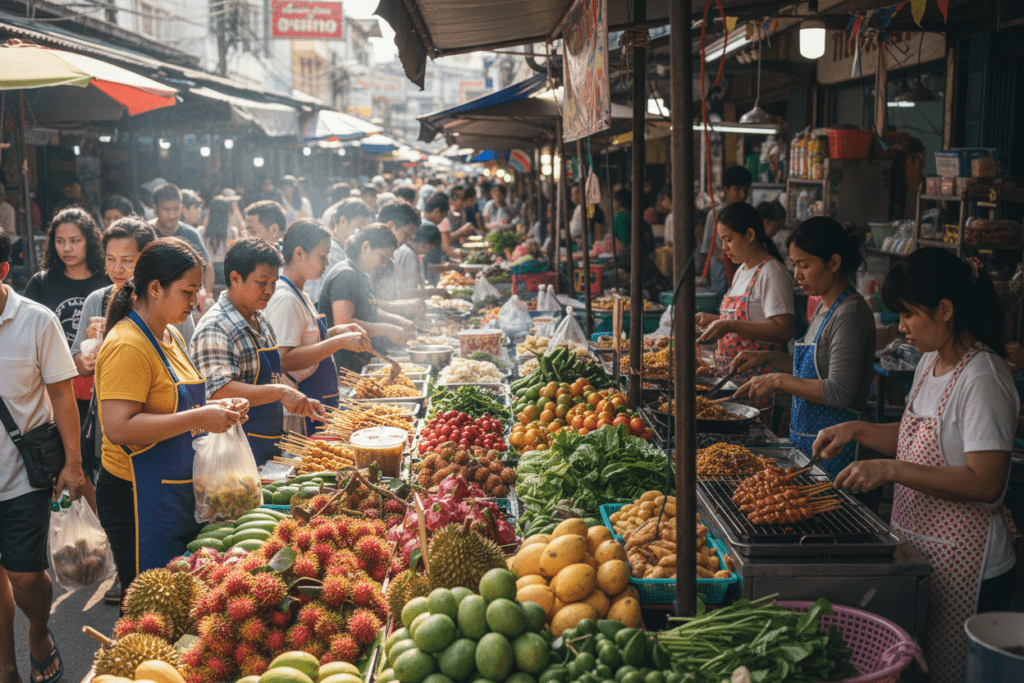 Bustling street market in Phuket showcasing vibrant local food and culture