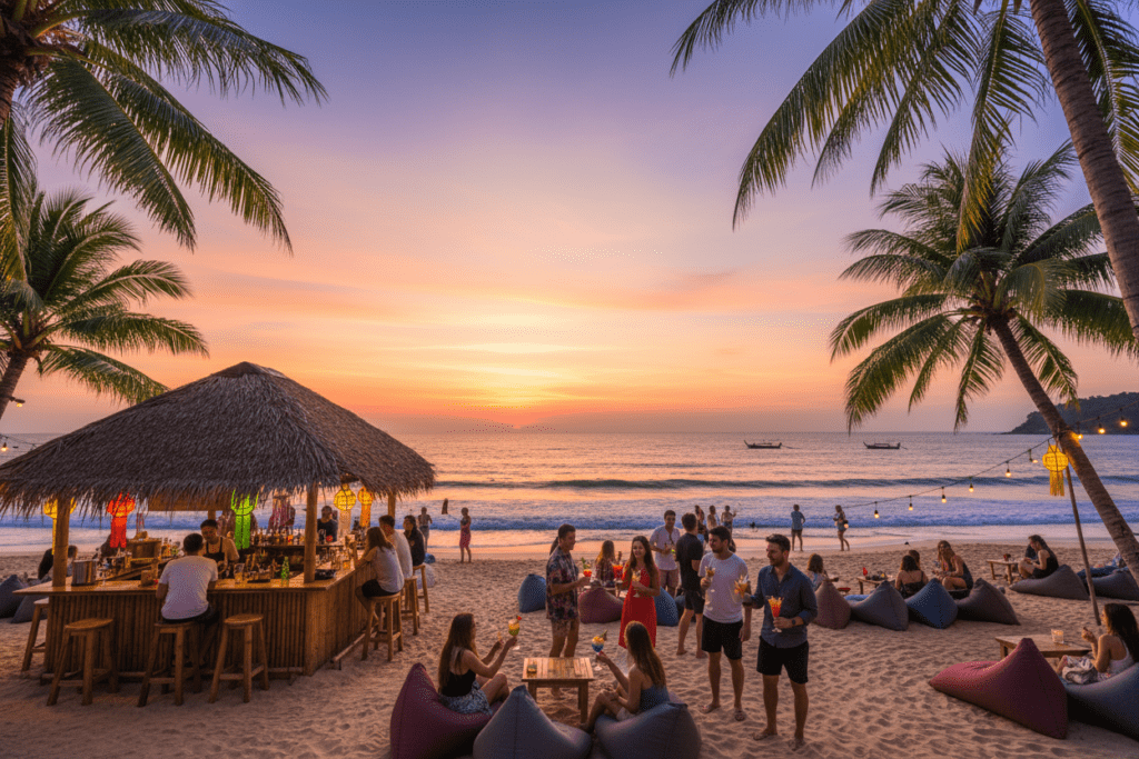 Sunset at a beach bar in Phuket with cocktails and happy people.