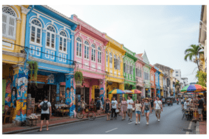 Colorful streets of Phuket Old Town with local shops
