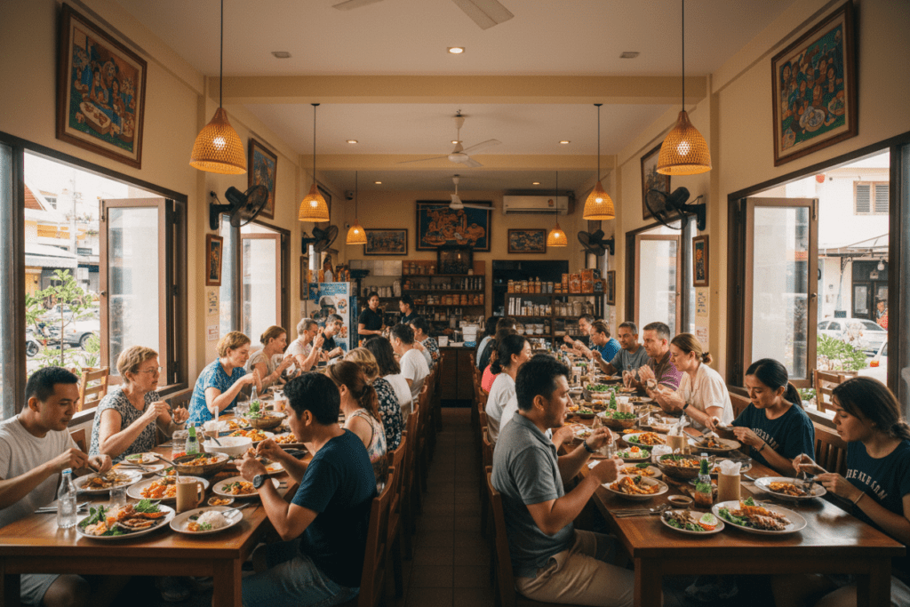 Interior view of a bustling Phuket restaurant showcasing various Thai dishes and lively dining atmosphere