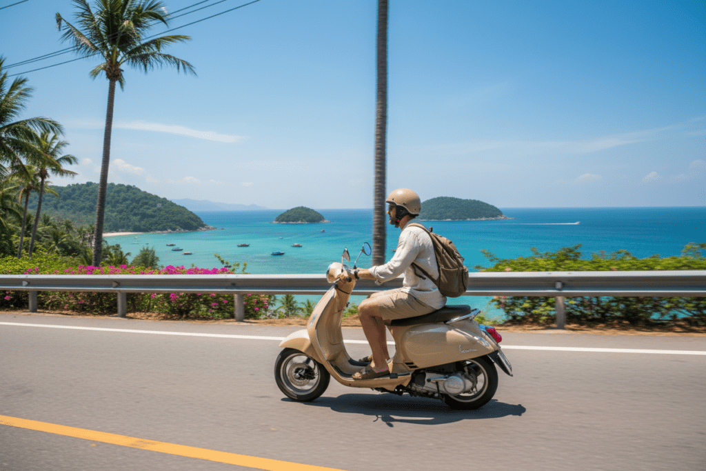 Traveler riding a scooter on a scenic road in Phuket.