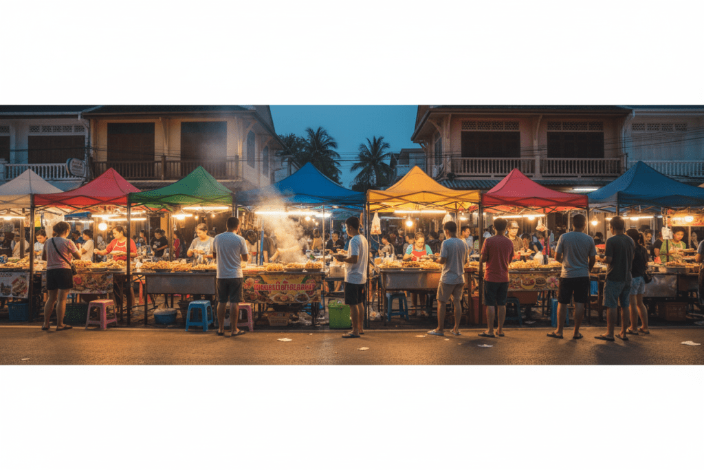 Lively street food market in Phuket, showcasing various vendors and delicious snacks