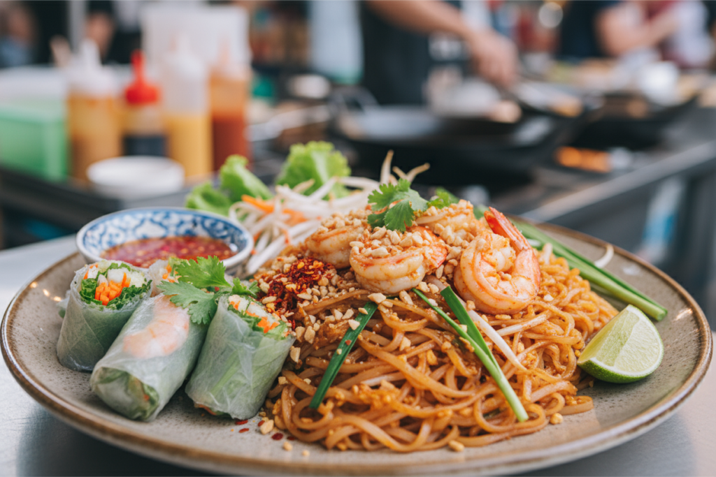 Delicious Thai street food including Pad Thai and spring rolls.