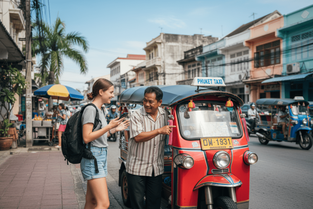 Tourist negotiating with tuk-tuk driver in Phuket, a lively transport option