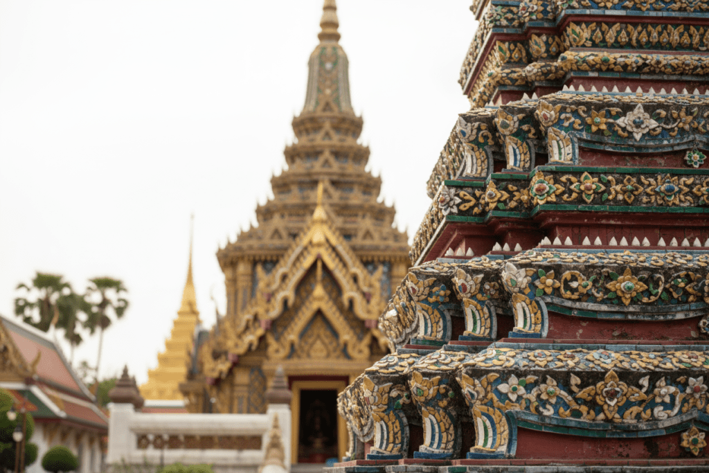 Intricate architecture details at Wat Chalong, Phuket's largest Buddhist temple