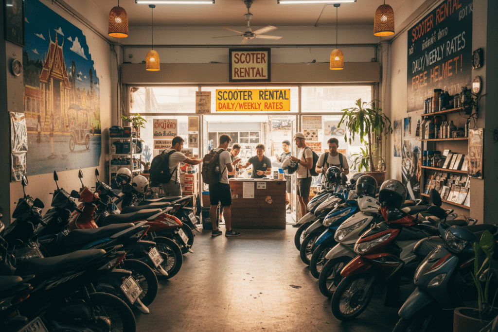 Interior view of a busy Bangkok motorbike rental shop filled with scooters and tourists
