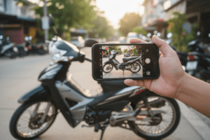 Detailed inspection of motorbike damage for rental documentation in Thailand