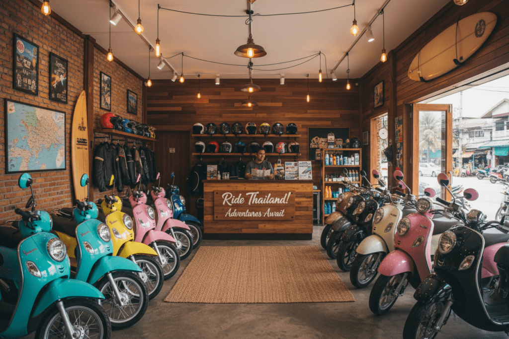 Motorbike rental shop interior in Thailand showcasing helmets