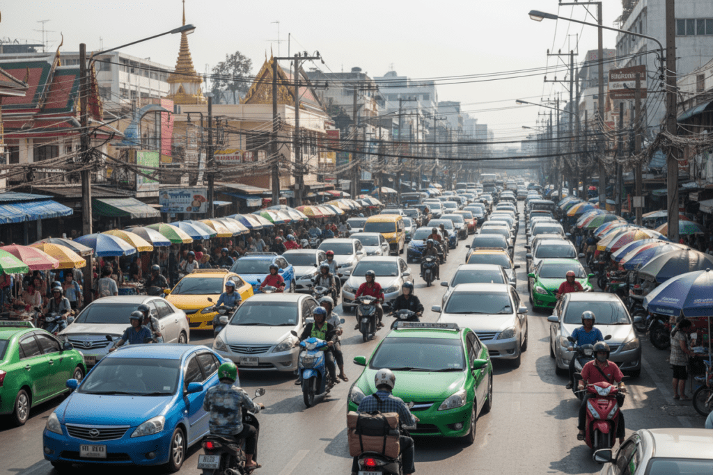 Busy street traffic in Thailand with motorbikes and cars
