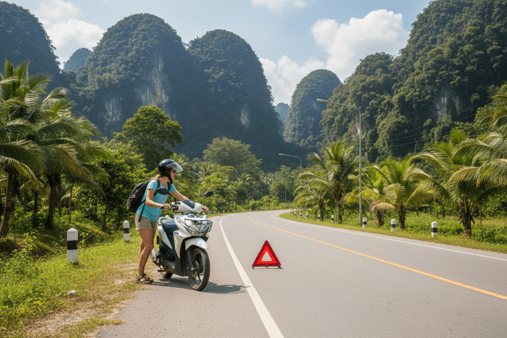 Tourist safely pulling over on a scooter in Thailand after a breakdown