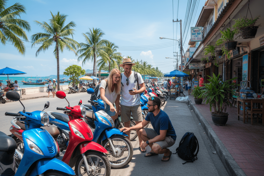 Tourists inspecting a scooter for rent in a Thai coastal area
