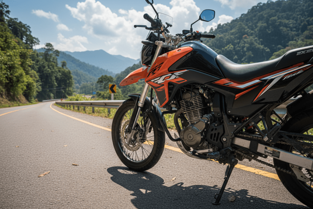 Close-up of a 150cc motorbike ready for the adventure on Route 1095 in Northern Thailand