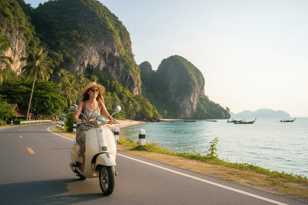 Tourist enjoying a scooter ride along Ao Nang's scenic coastline