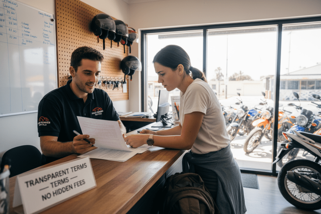 Customer discussing rental terms with staff at a motorbike rental shop in Bangkok