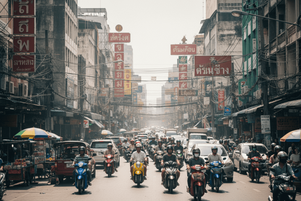 Busy Bangkok street scene filled with scooters and motorcycles navigating traffic