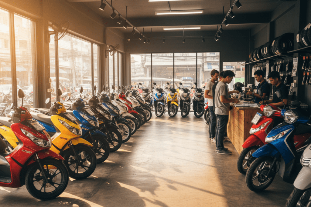 Interior of a Bangkok motorbike rental shop featuring various scooters and bright lighting