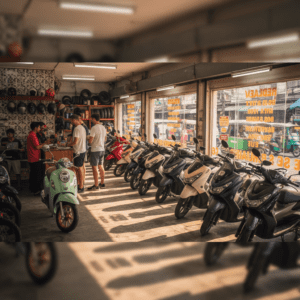 Interior view of a motorbike rental shop in Sukhumvit, Bangkok with various scooters