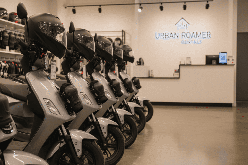 Close-up of scooters and safety gear at a Bangkok motorbike rental service