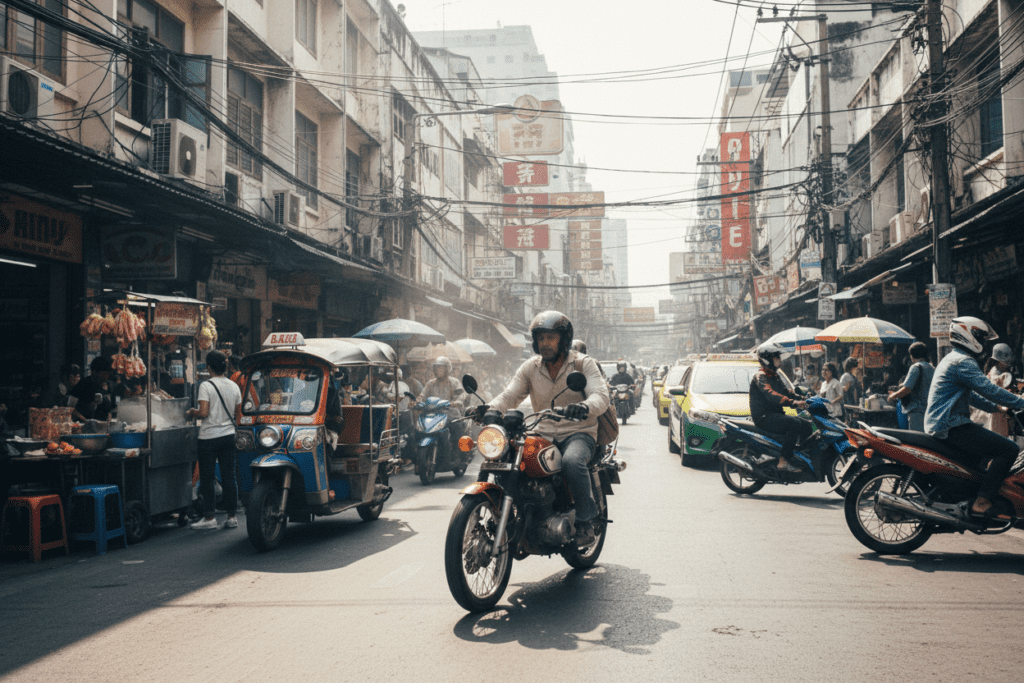 Motorbike navigating busy Bangkok streets in Thailand