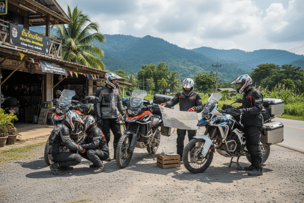Motorcycle riders preparing adventure bikes at a rental shop in Chiang Mai
