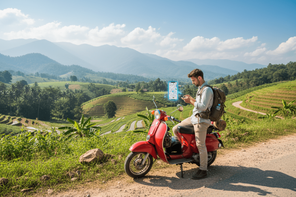 Tourist planning route next to a scooter in Chiang Mai countryside