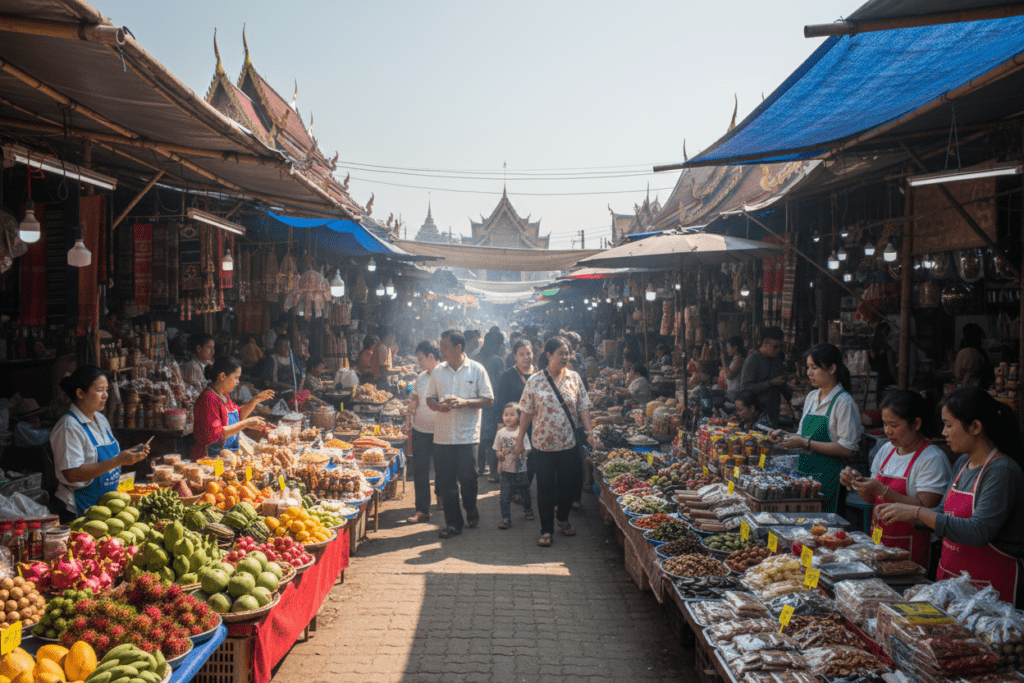 Colorful local market showcasing vendors and products in Chiang Mai