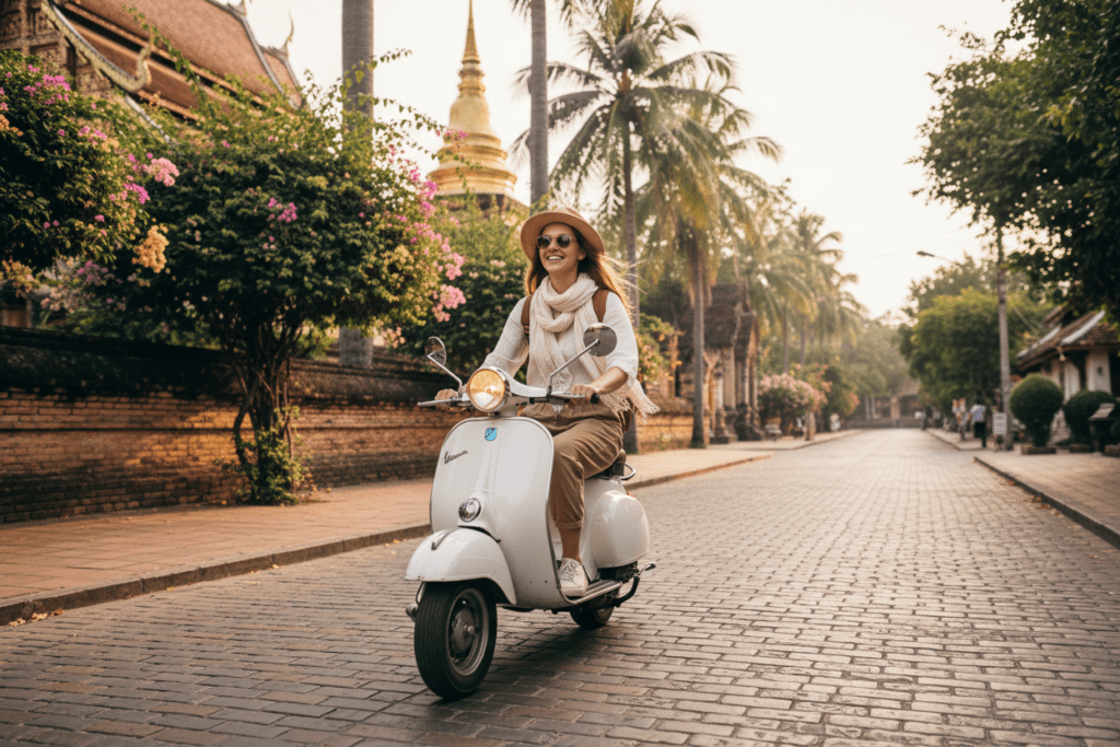 Tourist riding a scooter in the Old City of Chiang Mai