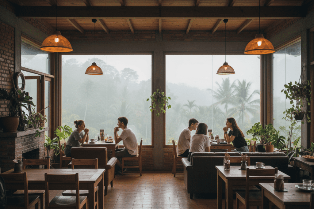 Interior of a roadside café in Chiang Mai with jungle view and steaming coffee