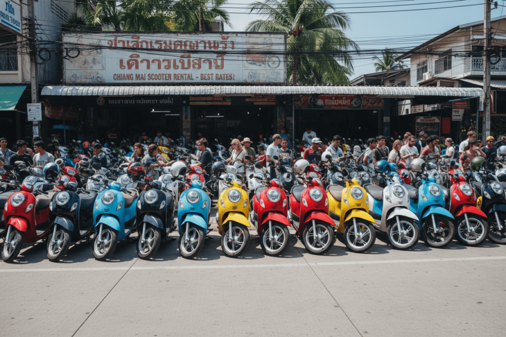 Busy scooter rental shop in Chiang Mai