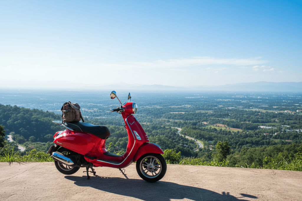 Close-up of a scooter in Chiang Mai with scenic backdrop and lush greenery