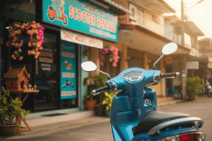 Close-up of a modern scooter at a rental shop in Chiang Mai