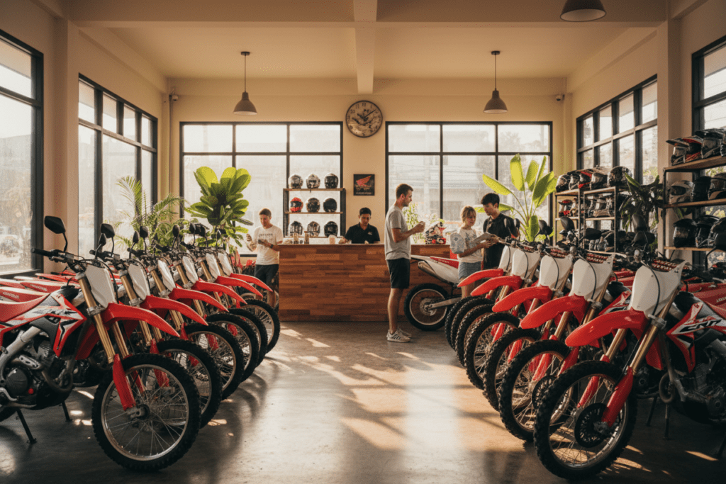 Motorbike rental shop in Chiang Rai with a variety of Honda CRF bikes.