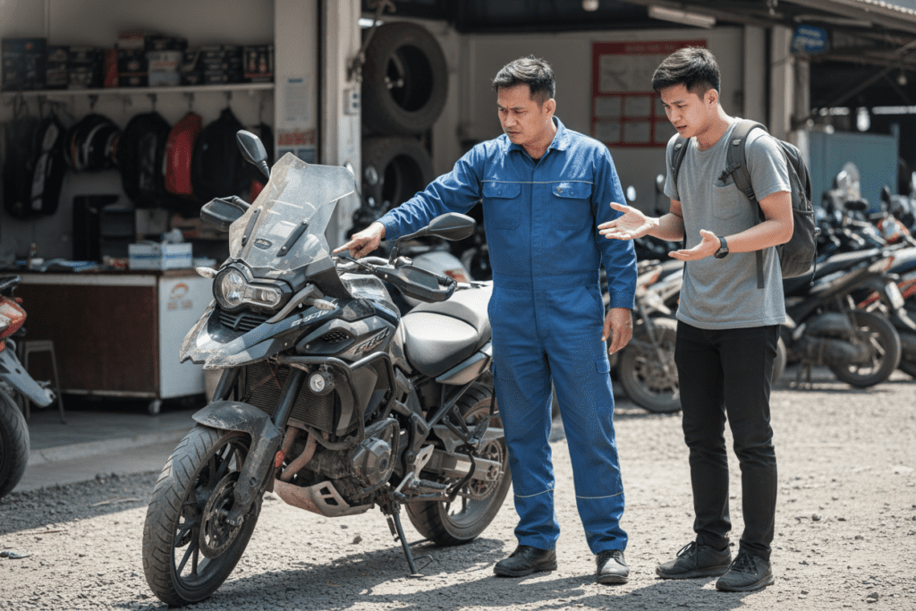 Rental shop staff showing damage to a motorbike in Thailand, highlighting rental scams