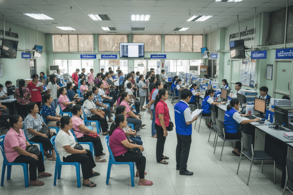 Interior view of a busy Thai Department of Land Transport office with applicants