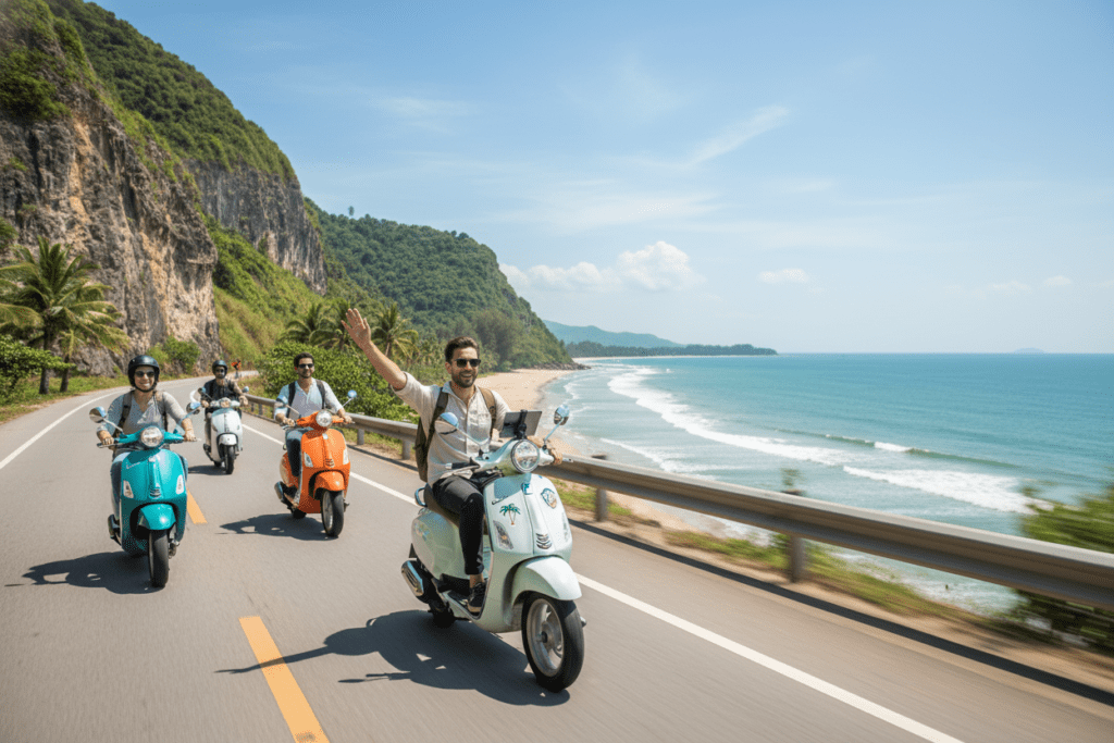 Digital nomads enjoying a scenic scooter ride in Hua Hin