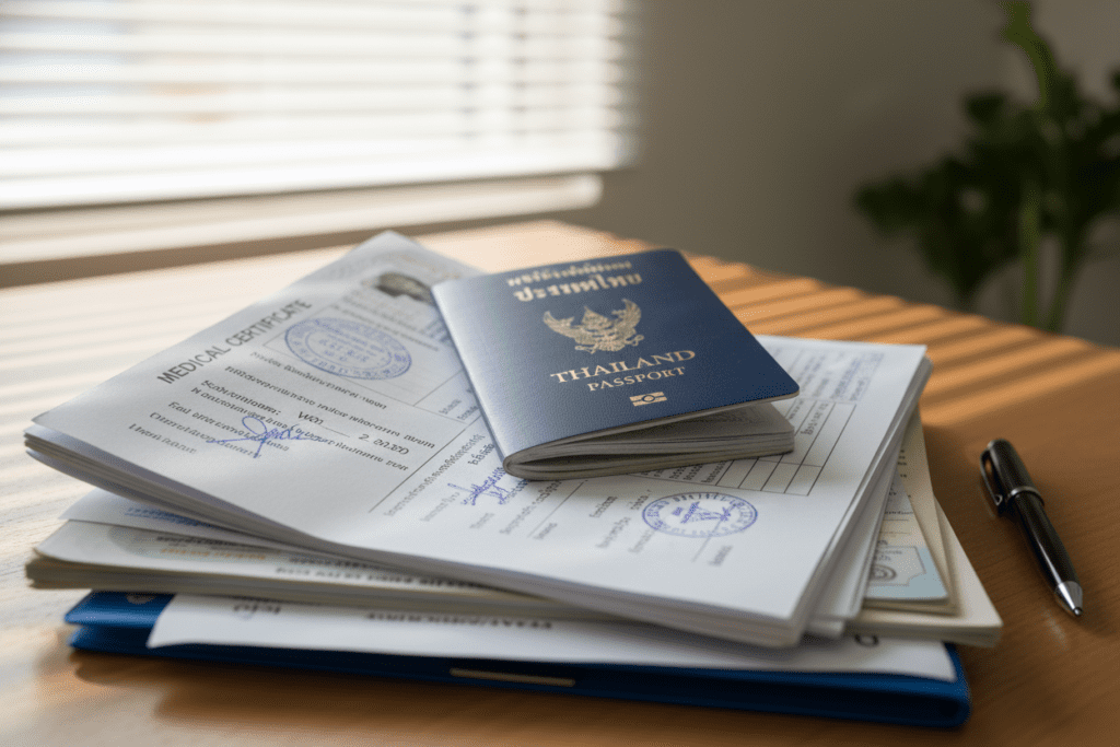 Required documents for Thai motorcycle license application on a table