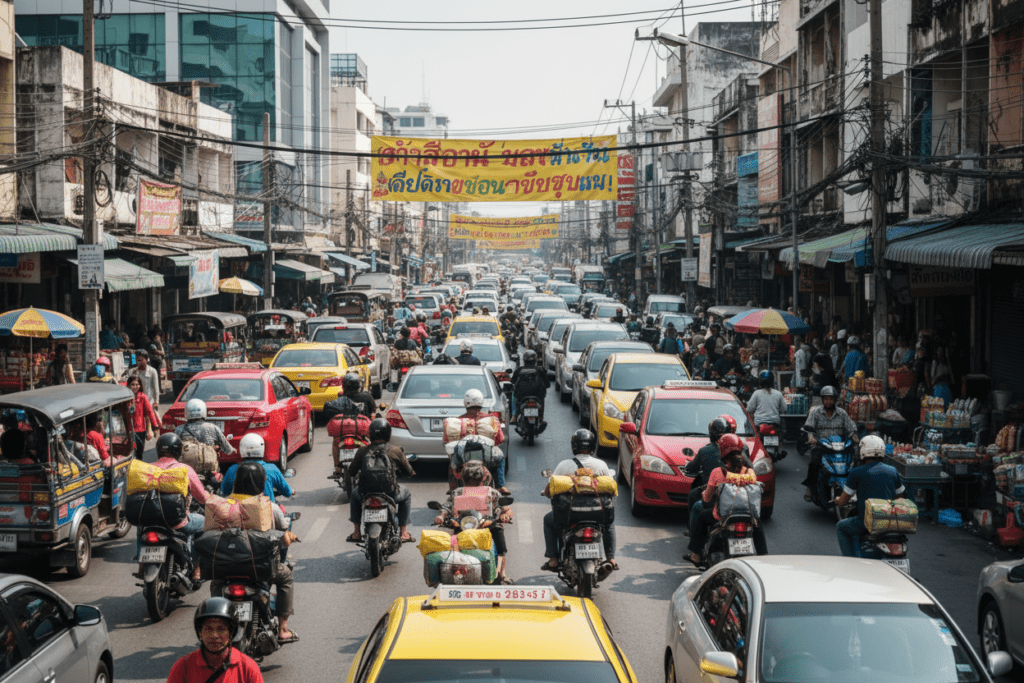 Busy holiday traffic in Thailand with motorbikes and cars