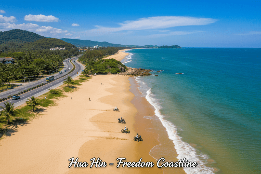 Coastal highway in Hua Hin with motorbikes and ocean views