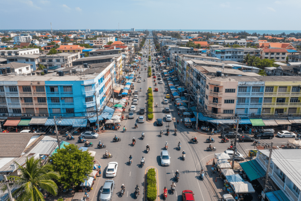 Aerial view of motorbike traffic in Hua Hin, Thailand during bright daylight
