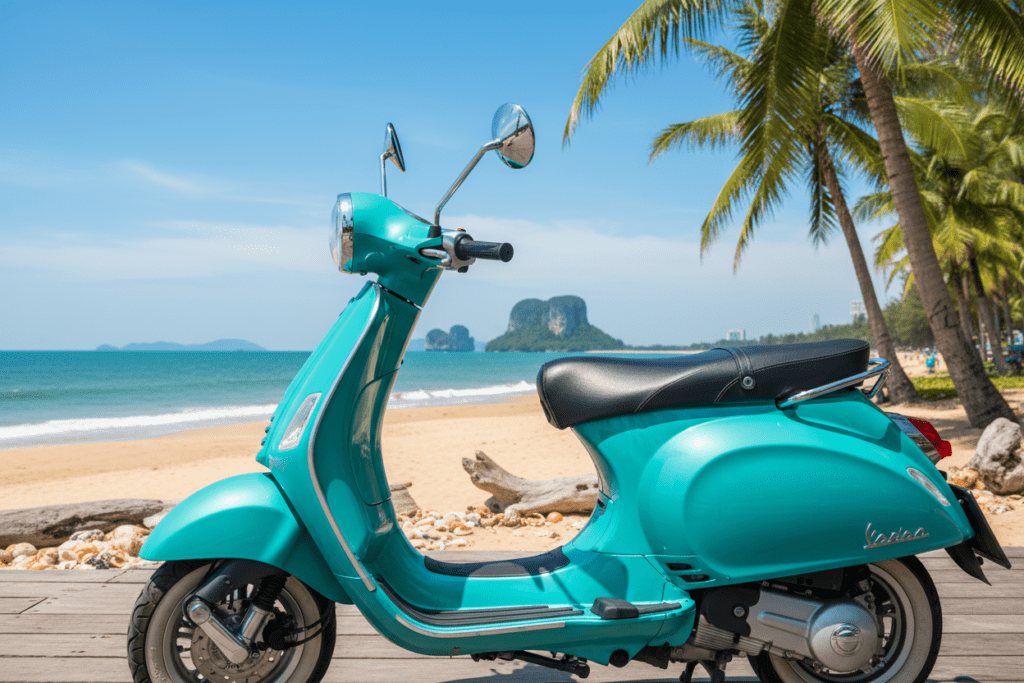 Close-up of a scooter in Hua Hin with coastal backdrop