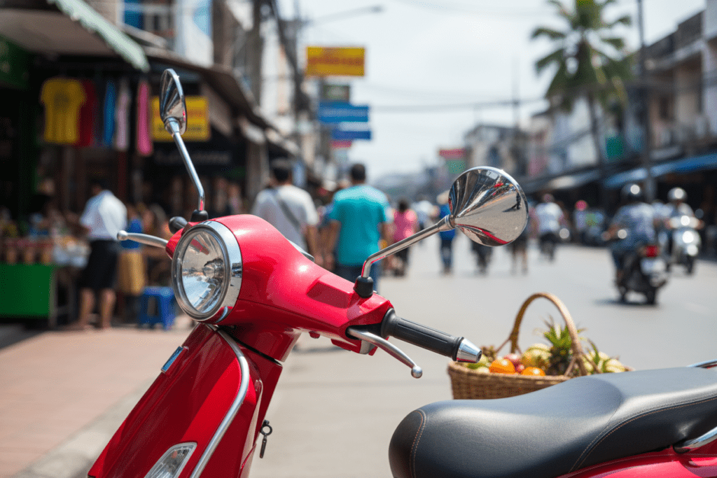 Close-up of colorful scooter in Hua Hin street with pedestrians