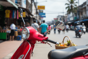 Close-up of colorful scooter in Hua Hin street with pedestrians