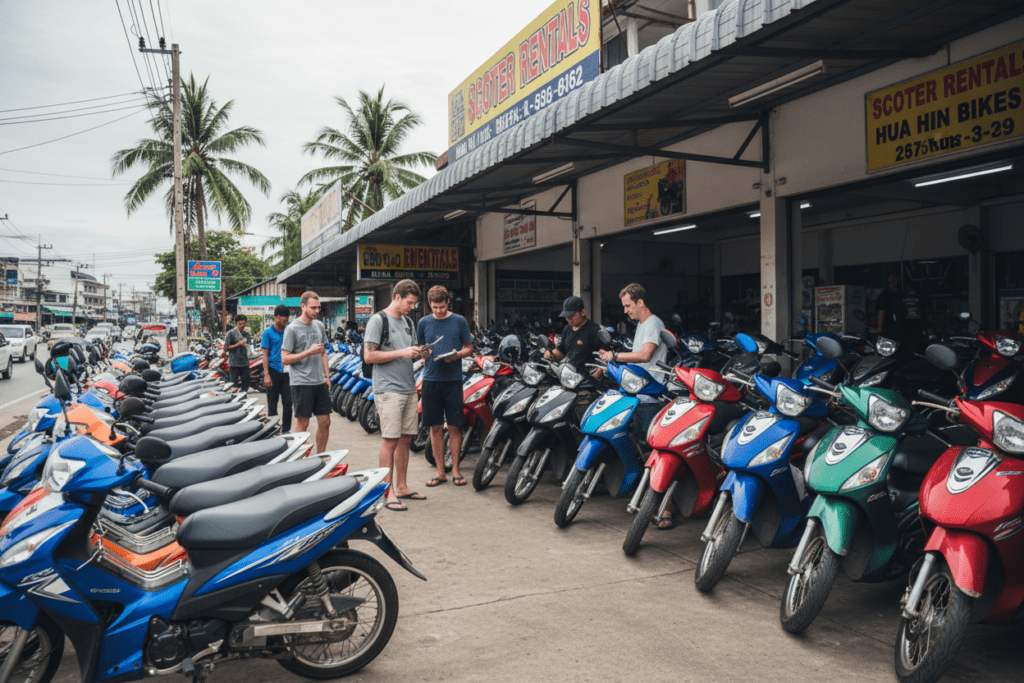 Busy motorbike rental shop in Hua Hin with customers